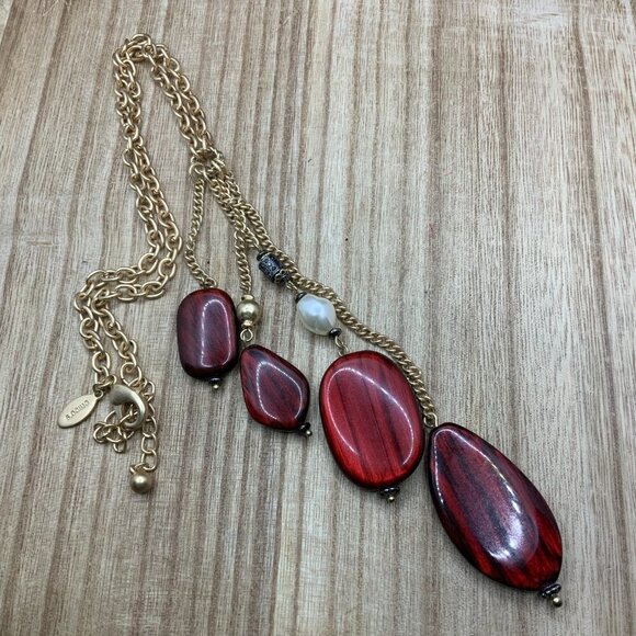 Chico's Red Beaded Gold Tone Y Chain Necklace - Picture 1 of 7